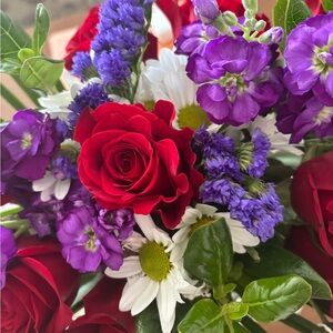 Valentines Day Deluxe Red Roses Purple Faux Floral Vase Arrangement Bouquet FS